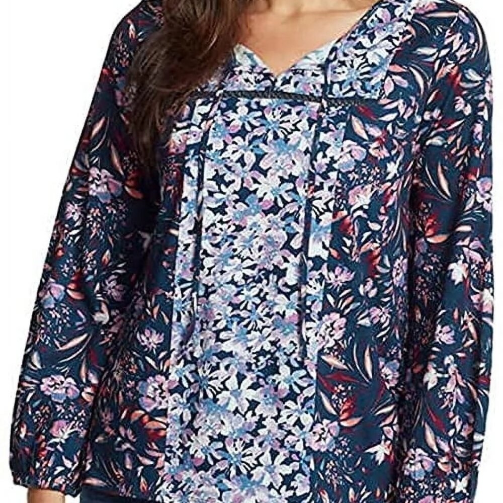 Vintage America Women's Printed Blouse Tops (Navy-Wind Blown Floral, Medium)